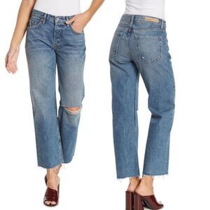 NWT GRLFRND indigo blue Plateau The Maran wide leg distressed crop rigid jeans